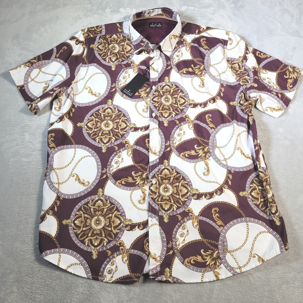 Public Record Button Down Shirt Mens 2XL Burgundy Gold Chain Baroque Print NEW